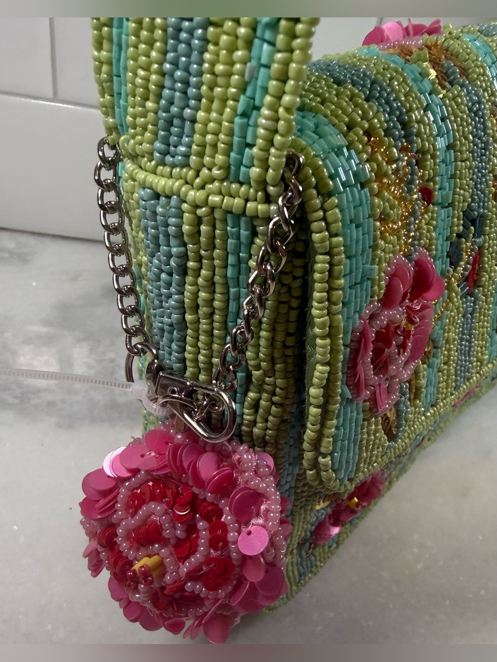 NEW RELEASE Pink Roses Beaded Bag With Green Stripes and Matching Charm NWT - Picture 3 of 9